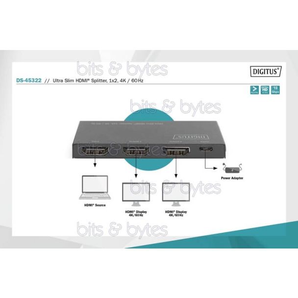 Digitus DS-45322 - Ultra Slim 2 Port HDMI Splitter - 1 Input <> 2 Output (4Kx4K)